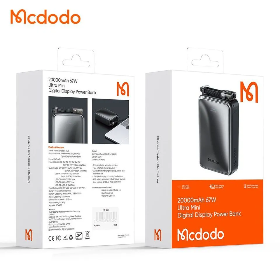 بررسی پاوربانک ۲۰۰۰۰ مک دودو Mcdodo MC-433 توان ۶۷ وات همراه با کابل