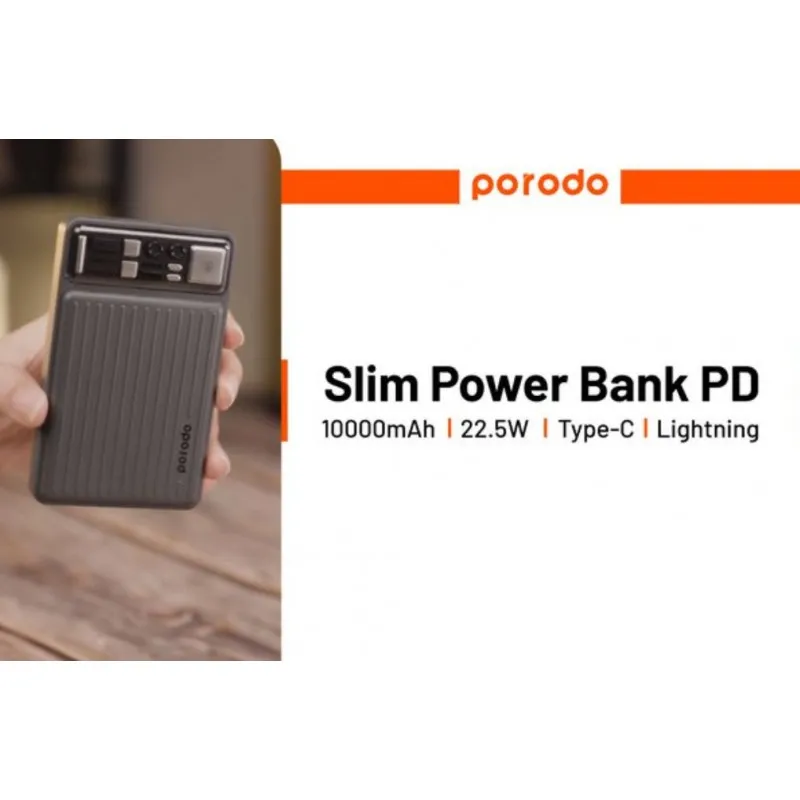 بررسی پاوربانک ۱۰۰۰۰ پرودو PORODO SLIM POWER BANK PD-PBFCH029 توان ۲۲.۵ وات و کابل متصل